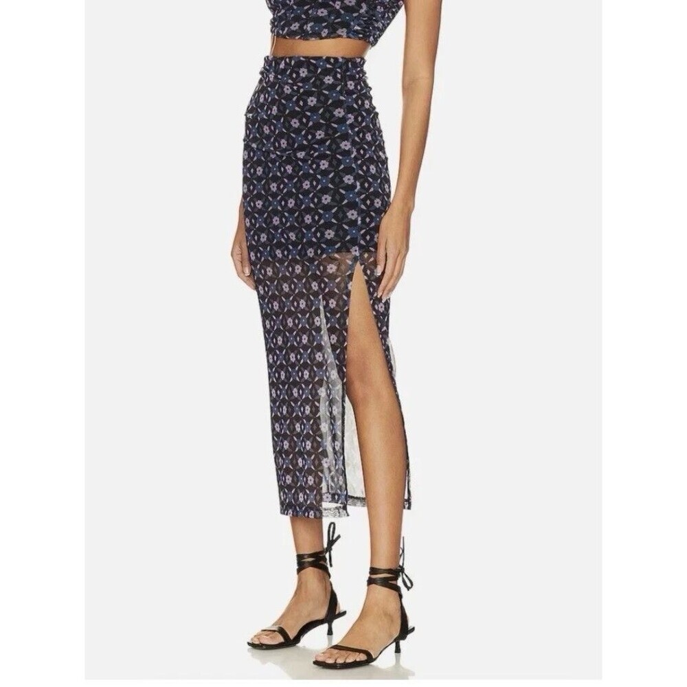 Free People Sheer Geometric Mesh Maxi Skirt with Slit Black Blue Purple Size S